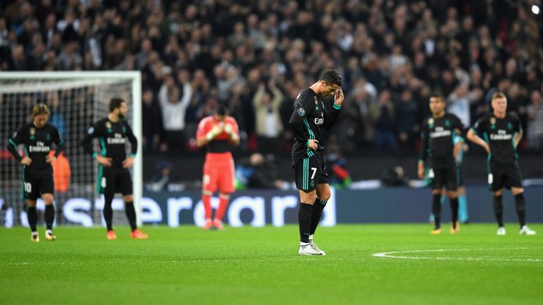 LONDON, ENGLAND - NOVEMBER 01:  Cristiano Ronaldo of Real Madrid looks dejected during the UEFA Champions League group H match between Tottenham Hotspur an