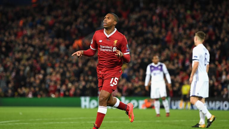 LIVERPOOL, ENGLAND - NOVEMBER 01: Daniel Sturridge of Liverpool celebrates scoring his sides third goal during the UEFA Champions League group E match betw
