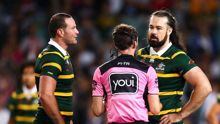 Boyd Cordner (left) and Aaron Woods of Australia speak to the referee during the 2017 Rugby League World Cup game against Lebanon