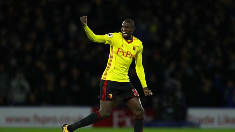 WATFORD, ENGLAND - NOVEMBER 28:  Abdoulaye Doucoure of Watford celebrates scoring the 2nd Watford goal during the Premier League match between Watford and 