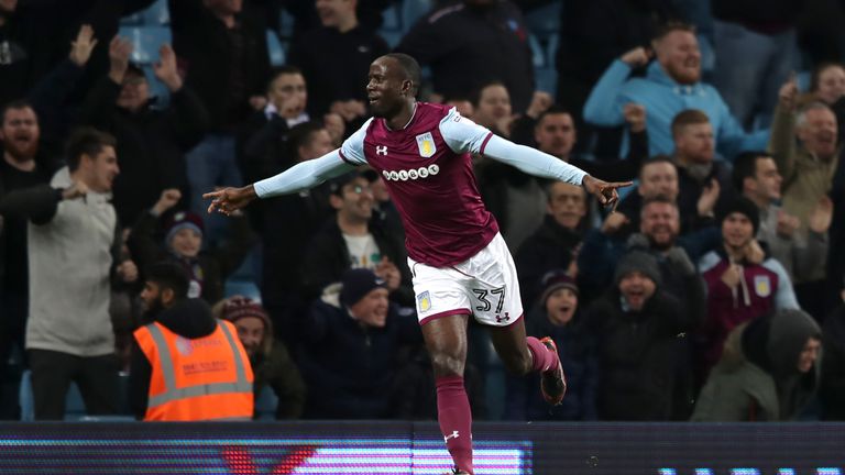Albert Adomah celebrates scoring Aston Villa's opening goal
