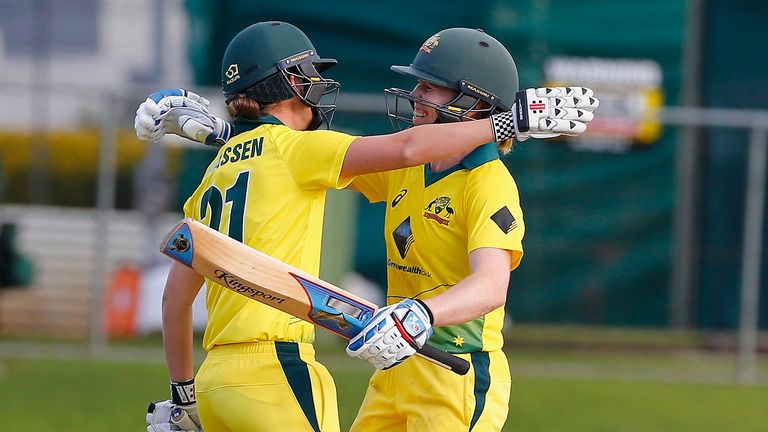 BRISBANE, AUSTRALIA - OCTOBER 22:  Australia's Alex Blackwell and Jess Jonassen celebrate after victory during the Women's One Day International between Au