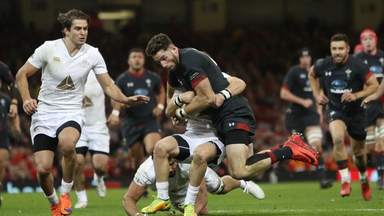 NOV 18: Wales' Alex Cuthbert is tackled by Georgia's Vasil Lobzhanidze during the autumn international at the Principality Stadium, Cardiff.