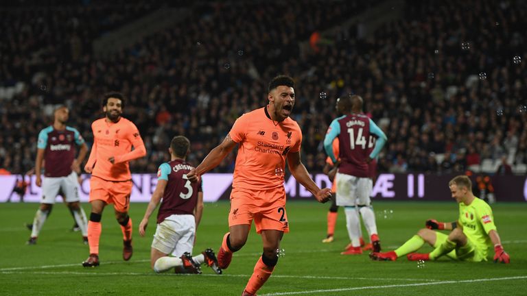 LONDON, ENGLAND - NOVEMBER 04:  Alex Oxlade-Chamberlain of Liverpool celebrates scoring his sides third goal during the Premier League match
