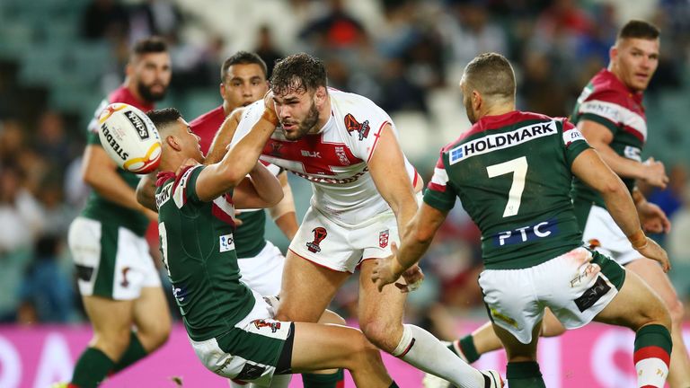 Alex Walmsley of England offloads during the 2017 Rugby League World Cup match against Lebanon in Sydney