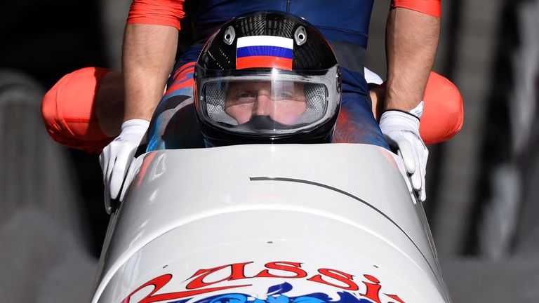 Russia-1 four-man bobsleigh, pilot Alexander Zubkov competes in the Bobsleigh Four-man Heat 3 at the Sanki Sliding Center during the Sochi Winter Olympics 
