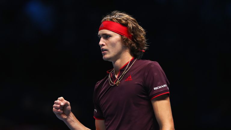 Alexander Zverev of Germany celebrates a point in his Singles match against Jack Sock of the United States