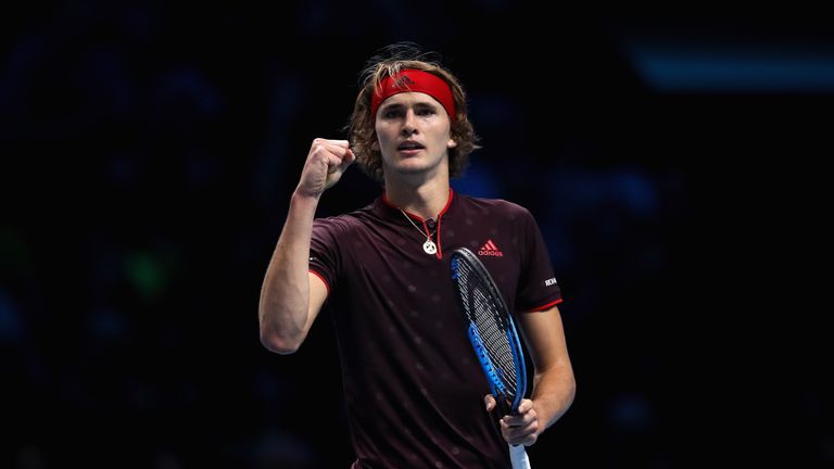 Alexander Zverev of Germany celebrates during the singles match against Roger Federer of Switzerland