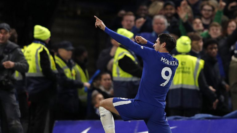 Chelsea's Spanish striker Alvaro Morata celebrates scoring the opening goal during the English Premier League football match between Chelsea and Manchester