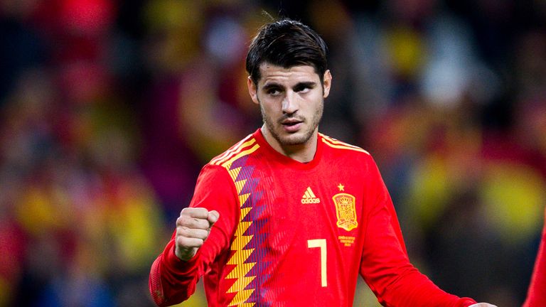 MALAGA, SPAIN - NOVEMBER 11:  Alvaro Morata of Spain celebrates after scoring his team's second goal during the international friendly match between Spain 