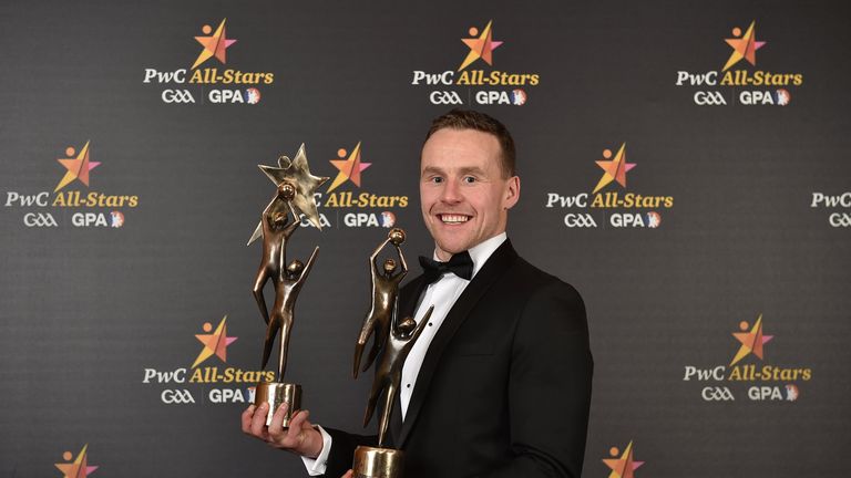 3 November 2017; Mayo footballer Andy Moran pictured with his Footballer of the Year and PwC All Star awards during the PwC All Stars 2017 in Dublin