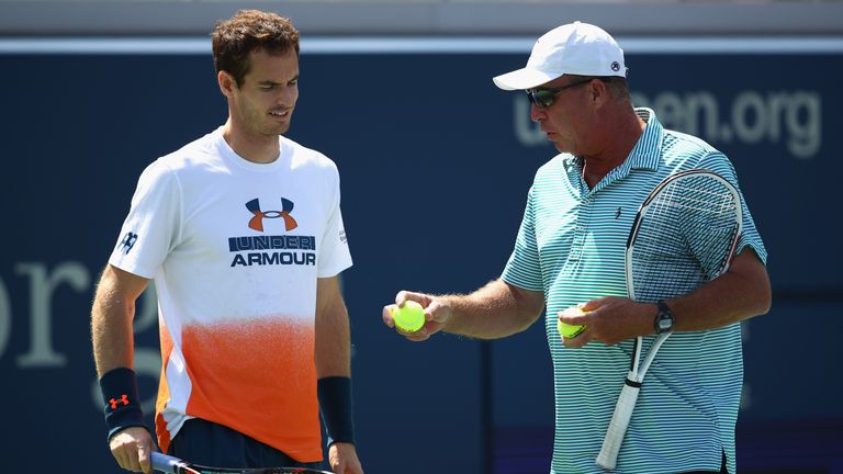 Andy Murray of Great Britain with his coach Ivan Lendl during a practice session prior to the US Open Tennis Championships