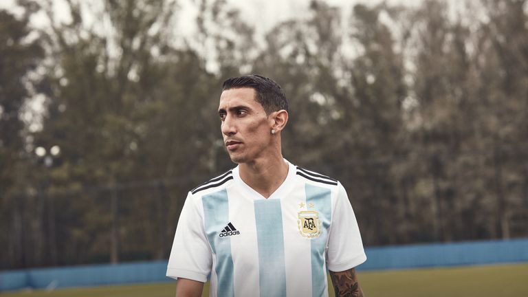 Angel Di Maria wears Argentina's World Cup home shirt