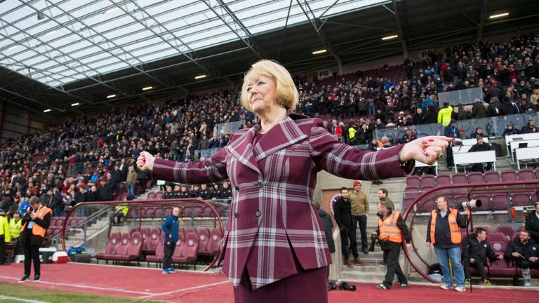 Hearts owner Ann Budge poses in front of the new stand