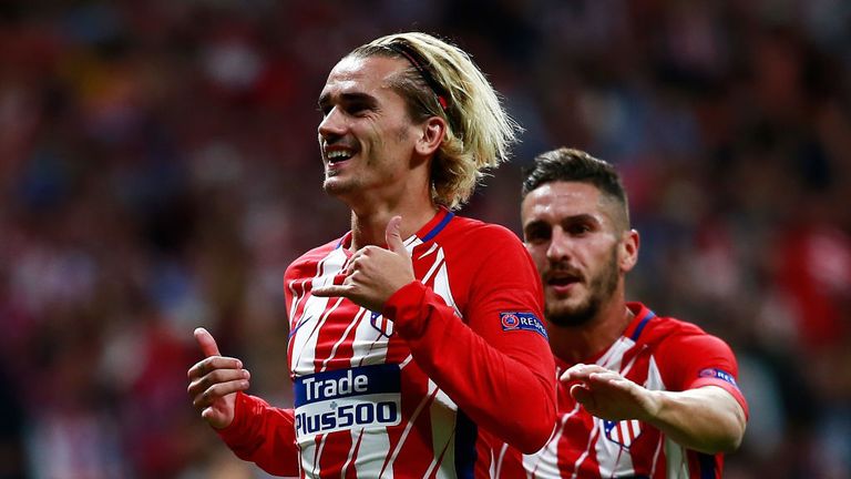 MADRID, SPAIN - SEPTEMBER 27, 2017: Antoine Griezmann of Atletico Madrid celebrates after he scores his side's first goal from the penalty spot v Chelsea.