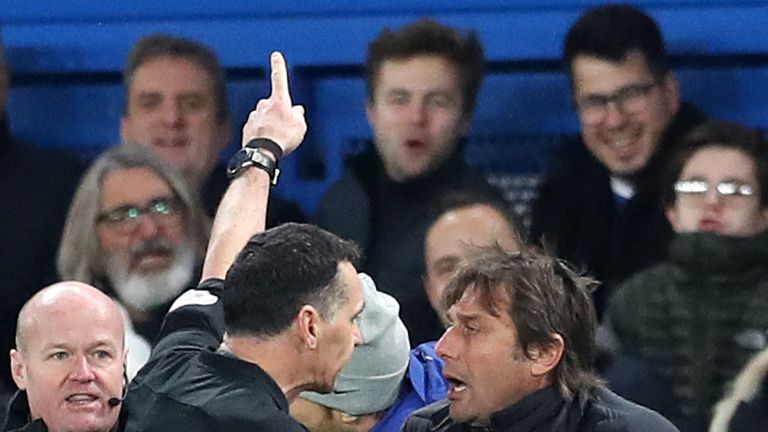 Antonio Conte is sent to the stands by referee Neil Swarbrick