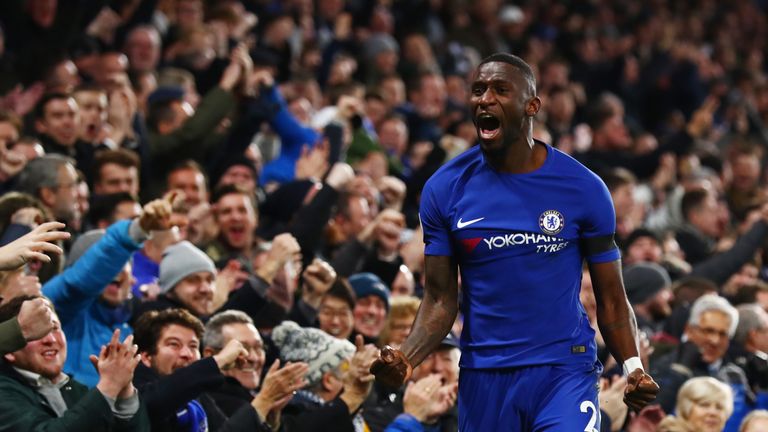 LONDON, ENGLAND - NOVEMBER 29:  Antonio Rudiger of Chelsea celebrates after scoring his sides first goal during the Premier League match between Chelsea an
