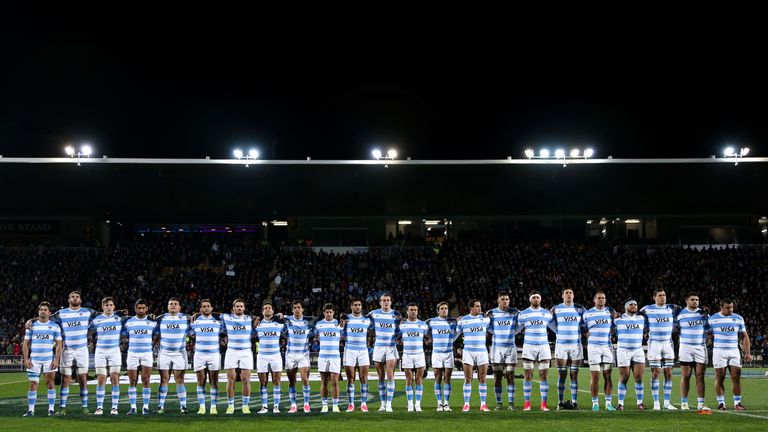NEW PLYMOUTH, NEW ZEALAND - SEPTEMBER 09:  Argentina players line up for the national anthems during The Rugby Championship match between the New Zealand A