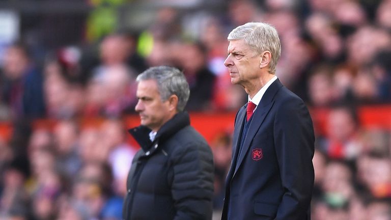 Jose Mourinho and Arsene Wenger during the Premier League match between Manchester United and Arsenal at Old Trafford on November 19, 2016