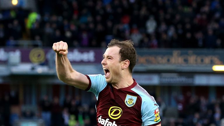 Ashley Barnes celebrates scoring Burnley's second goal against Swansea