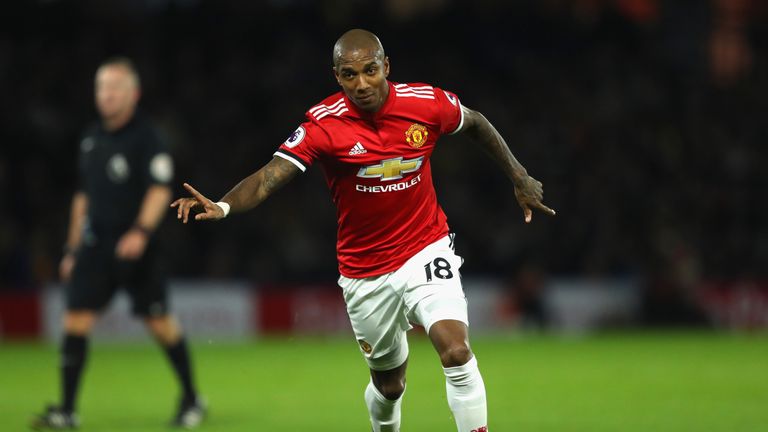 Ashley Young celebrates scoring Manchester United's second against Watford