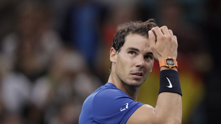 Spain's Rafael Nadal reacts after winning against Uruguay's Pablo Cuevas during the 1/8 round at the ATP World Tour Masters 1000 indoor tennis tournament