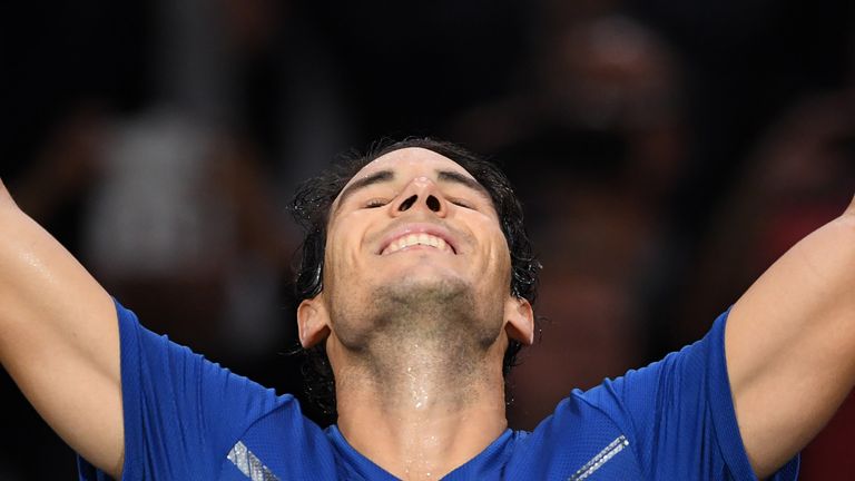 Spain's Rafael Nadal celebrates winning against South Korea's Hyeon Chung during their second round match at the ATP World Tour Masters 1000