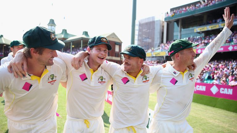 SYDNEY, AUSTRALIA - JANUARY 05:  Shane Watson, Steve Smith, David Warner, and Brad Haddin of Australia celebrate victory during day three of the Fifth Ashe