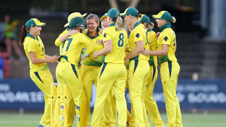Jess Jonassen of Australia celebrates taking the wicket of Heather Knight of England during the first Women's Twenty20