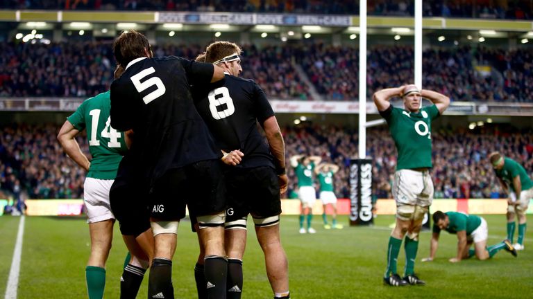 The All Blacks celebrate Ryan Crotty's try during the International match against Ireland in 2013