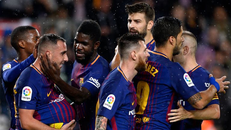Paco Alcacer (2nd-L) celebrates with team-mates after giving Barcelona the lead