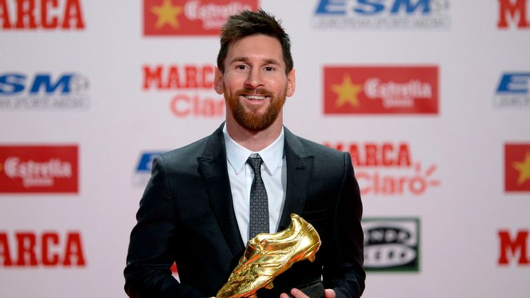 Barcelona's Lionel Messi poses with the 2017 European Golden Shoe 