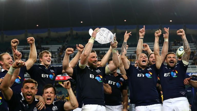 SYDNEY, AUSTRALIA - JUNE 17:  Scotland captain John Barclay celebrates with team mates after winning the Hopetoun Cup during the International Test match b