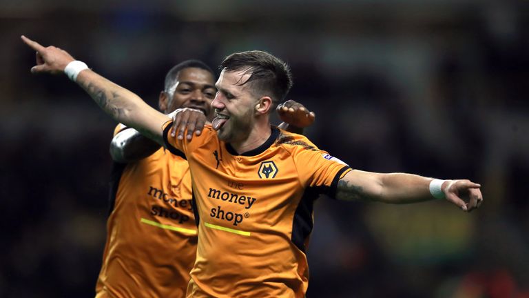 Wolverhampton Wanderers' Barry Douglas celebrates after opening the scoring against Leeds