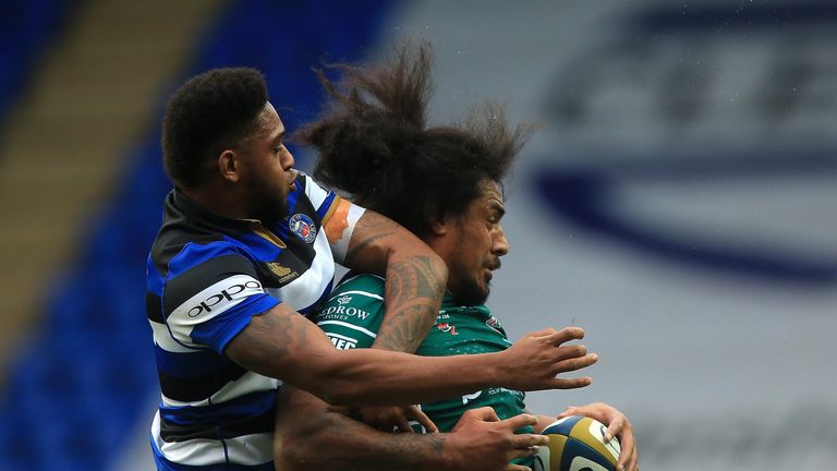 Teofilo Paulo of London Irish claims lineout ball under pressure from Levi Douglas of Bath during the Anglo-Welsh Cup betw