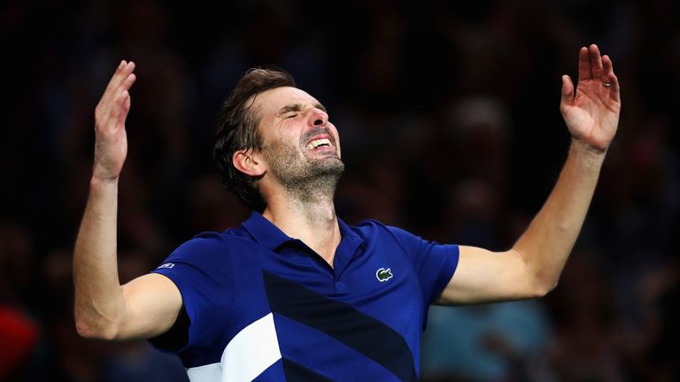 PARIS, FRANCE - NOVEMBER 03:  Julien Benneteau of France celebrates victory after his match against Marin Cilic of Croatia during Day 5 of the Rolex Paris 