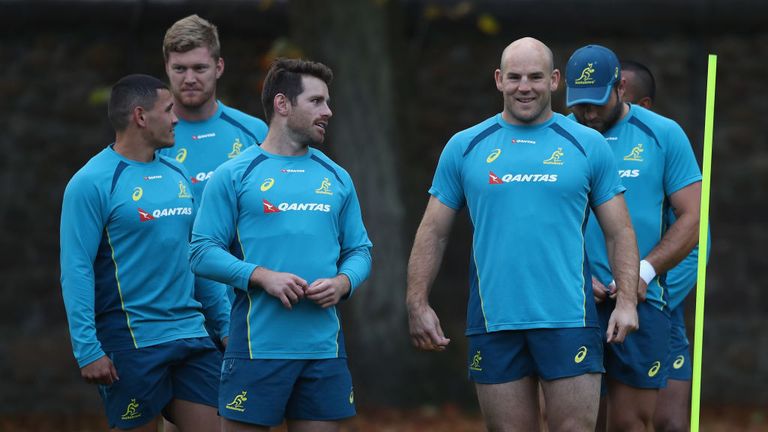 Bernard Foley (L) and Stephen Moore (R) during the Australia rugby training session at Sport Wales on November 6, 2017 in Cardiff, Wales on Nov 6.