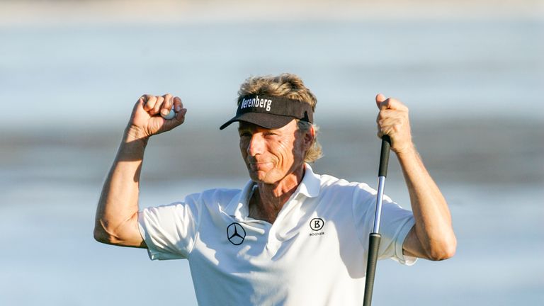 PEBBLE BEACH, CA - SEPTEMBER 24:  Bernhard Langer raises his fists in celebration after winning the final round of the Champions Tour Pure Insurance Champi