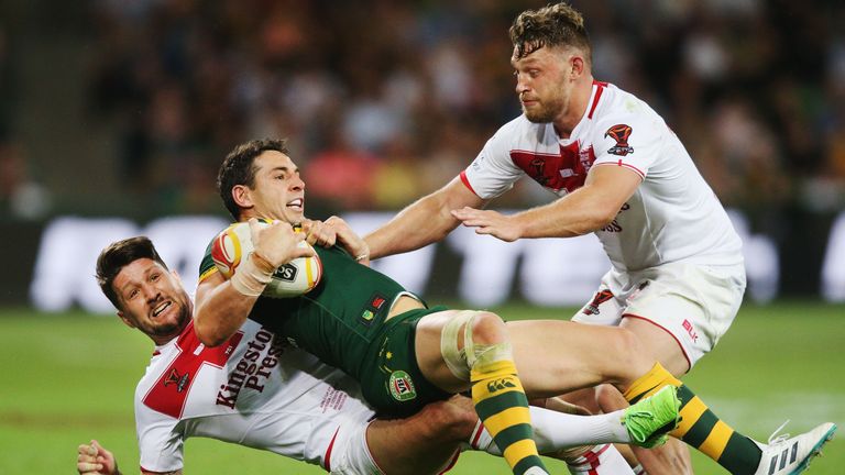 Australia's Billy Slater is tackled by Gareth Widdop during the 2017 Rugby League World Cup