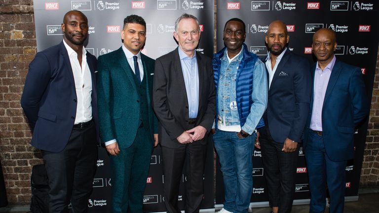 L-R Jason Roberts, Leon Mann (co-founder), Richard Scudamore, Andy Cole, DJ Spoony and Rodney Hinds (co-founder) at 2016 Football Black List