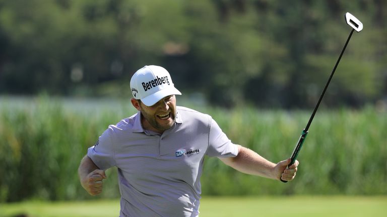 SUN CITY, SOUTH AFRICA - NOVEMBER 12:  Branden Grace of South Africa celebrates a birdie on the 16th green during the final round of the Nedbank Golf Chall