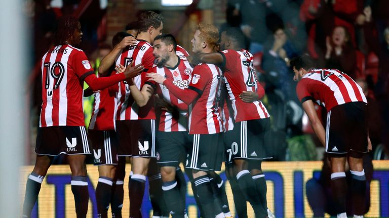 Brentford's Neal Maupay celebrates scoring their first goal