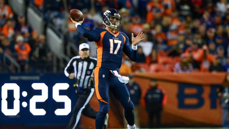 DENVER, CO - OCTOBER 15:  Quarterback Brock Osweiler #17 of the Denver Broncos passes against the New York Giants in the second quarter of a game at Sports