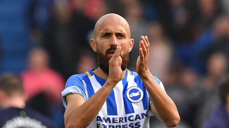 Brighton's Spanish defender Bruno Saltor gestures after the English Premier League football match between Brighton and Hove Albion and Everton at the Ameri