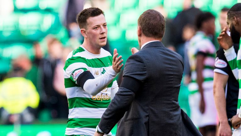Callum McGregor (left) with Brendan Rodgers at full-time after the midfielder scored twice to earn a 2-2 draw with Hibernian in October. 
