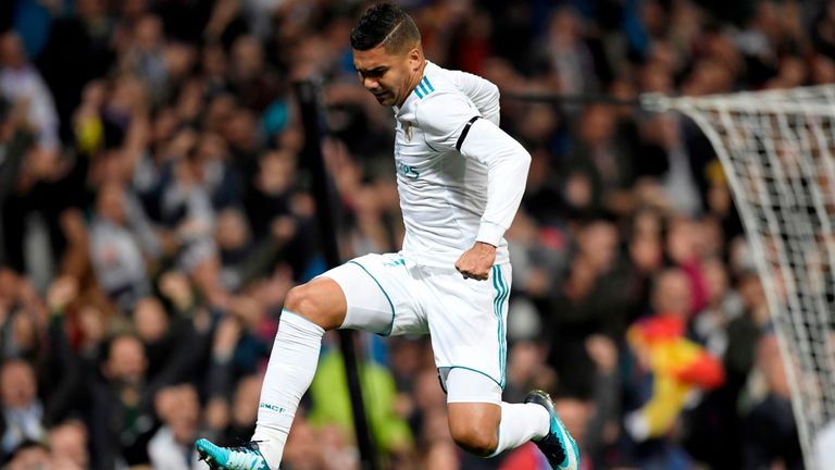 Casemiro celebrates after giving Real Madrid the lead against Las Palmas