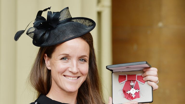 Casey Stoney holds her MBE (Member of the British Empire) award, after it was presented to her by the Princess Royal, at Buckingham Palace in October 2015