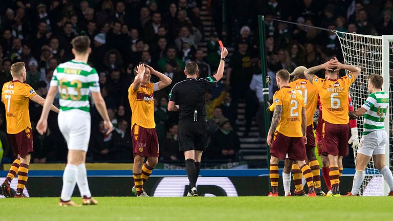 26/11/17 BETFRED CUP FINAL 
 MOTHERWELL v CELTIC
 HAMPDEN PARK - GLASGOW 
 Motherwell's Cedric Kipre stares in disbelief as referee Craig Thomson points to
