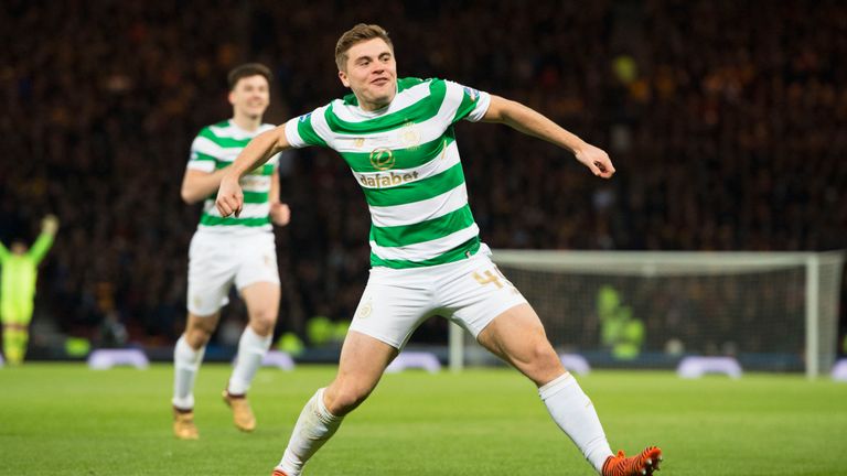 26/11/17 BETFRED CUP FINAL . MOTHERWELL v CELTIC. HAMPDEN PARK - GLASGOW . Celtic's James Forrest celebrates his goal to make it 1-0.