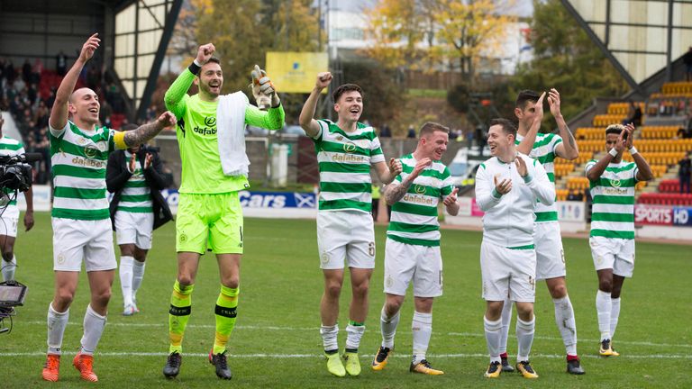 Celtic celebrate breaking the record for the longest unbeaten run in domestic competition by a British top-flight team 